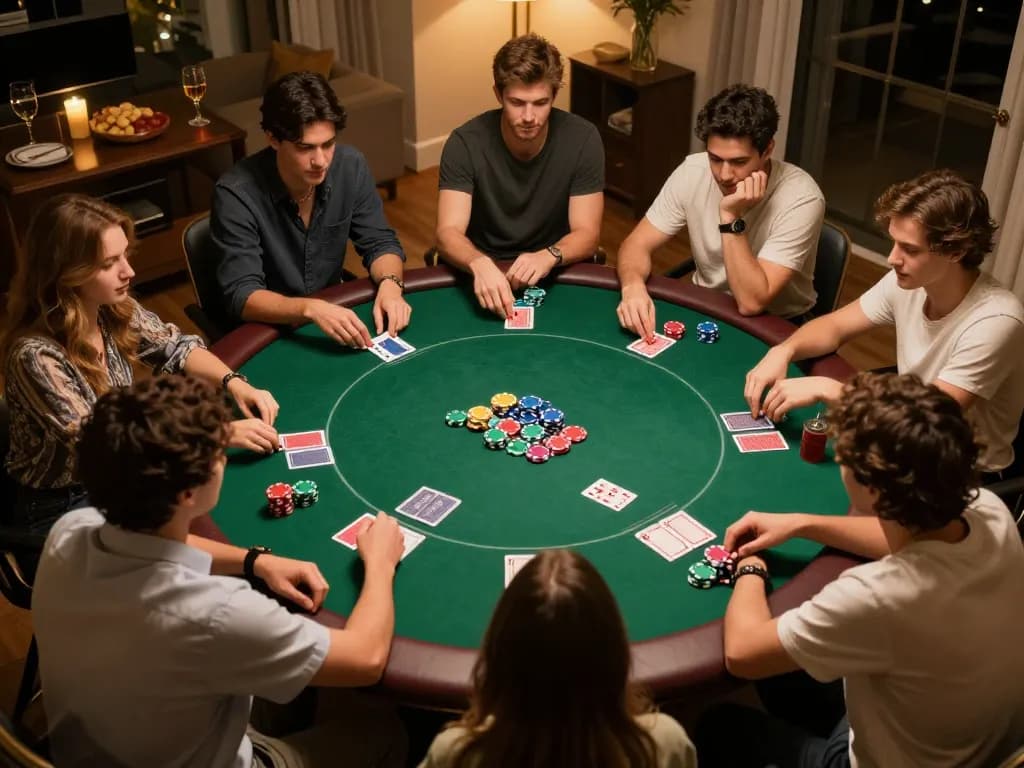 Friends enjoying a competitive poker game at home, showcasing g28 gaming strategy and social interaction.