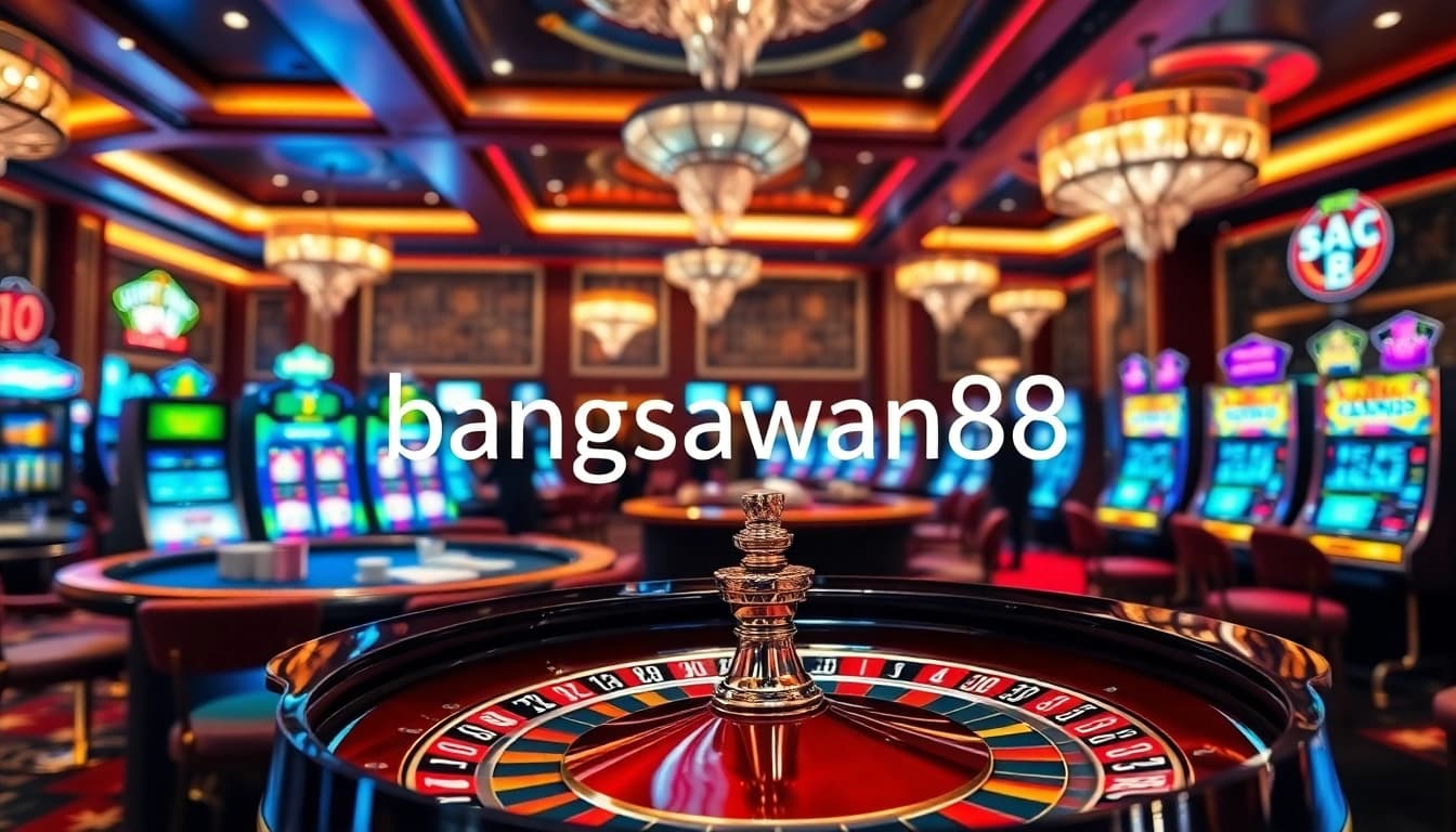 Experience the thrill of gambling with bangsawan88 at a lively casino, showcasing roulette and slot machines.