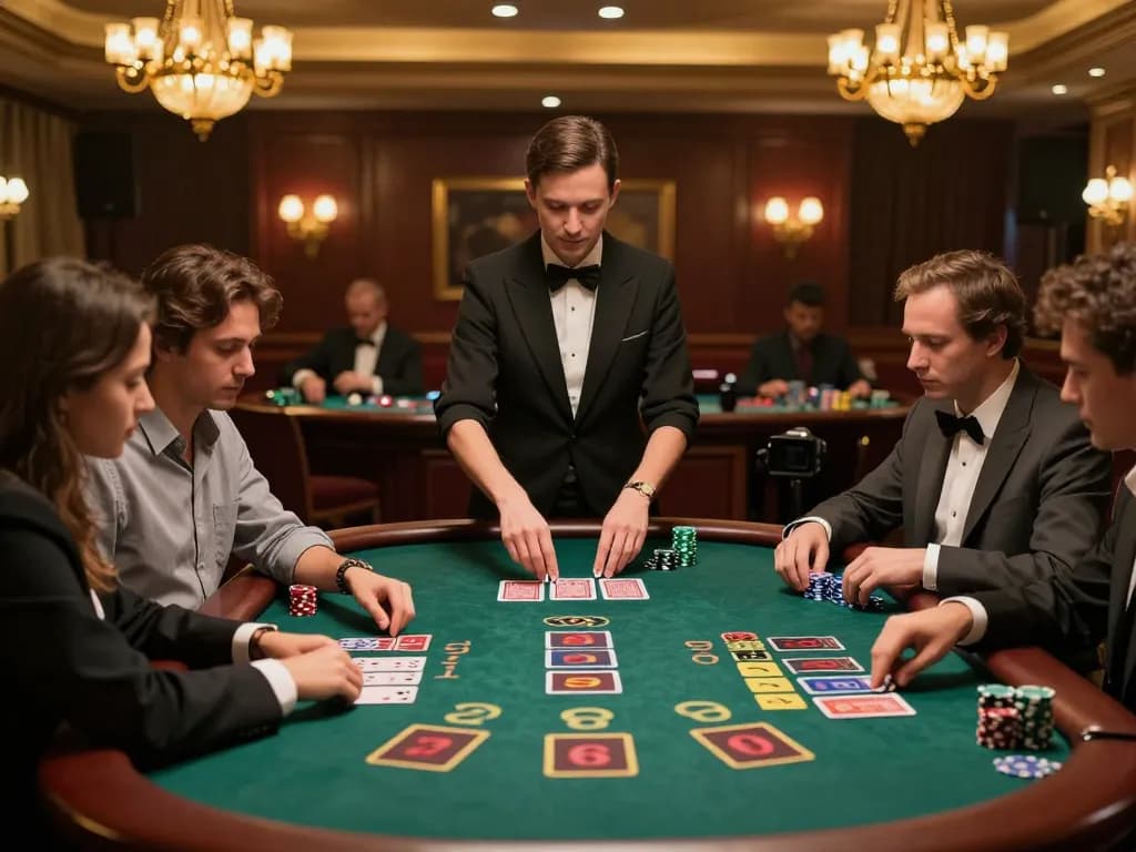 Players strategizing at a go8 blackjack table with luxurious decor, creating an engaging atmosphere.