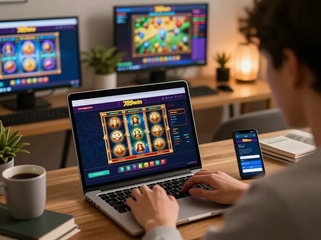 Engaging gameplay at 789win online casino with animated slot reels and user-focused home setup.