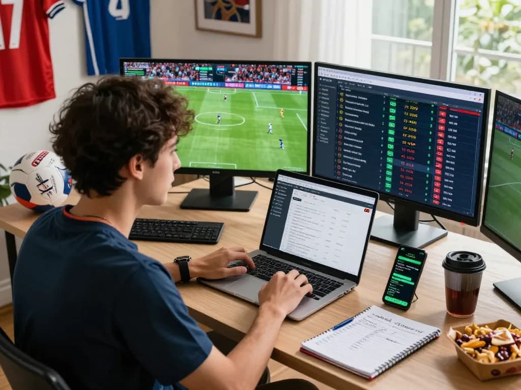 Engaging scene of kèo nhà cái analysis in a modern home office during a live sports event.