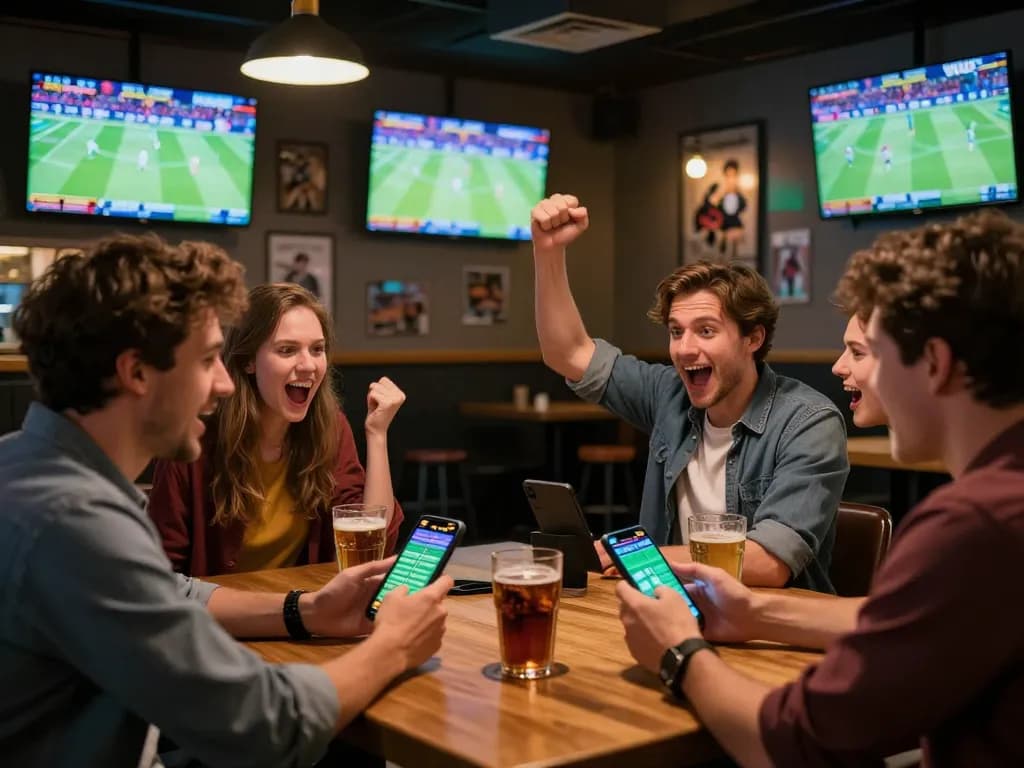 Engaging sports betting scene showcasing soi keo nha cai with friends cheering in a lively bar atmosphere.