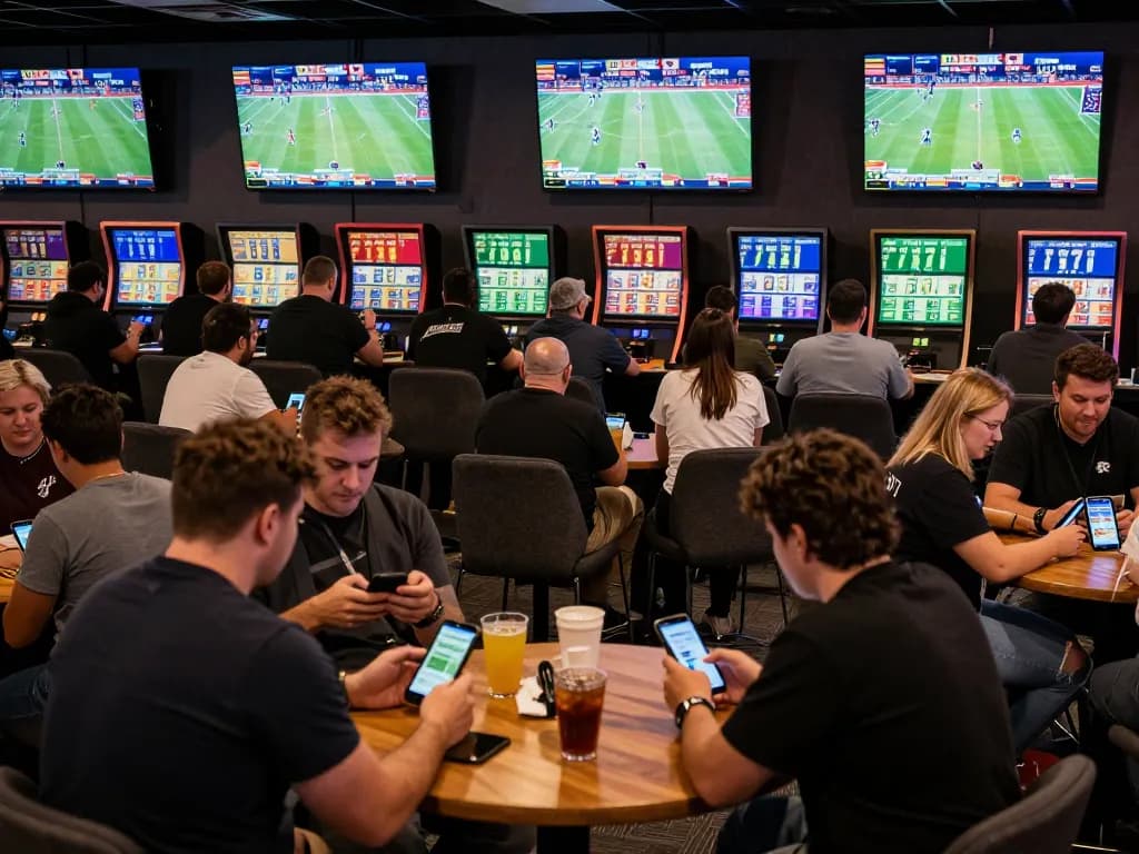 1gom users excitedly placing bets in a lively sports betting lounge with screens showing live events.