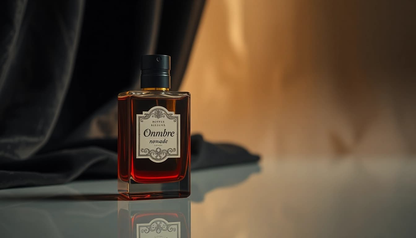 Showcase the Ombre nomade fragrance bottle on a reflective surface against dark velvet, highlighting its luxury.