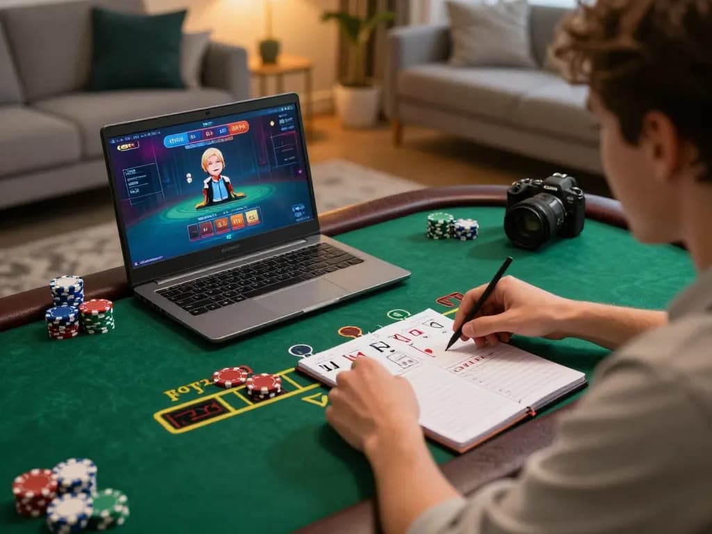Go88 player strategizing in an online casino blackjack game at home, showcasing focused gameplay.