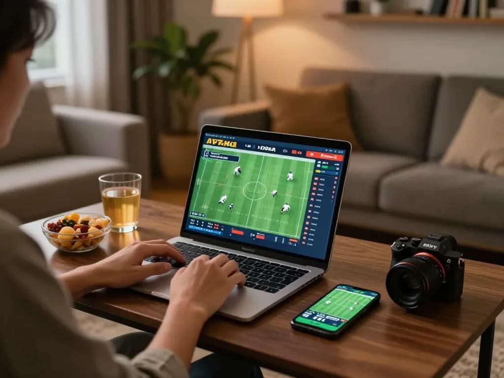Engaging with kèo nhà cái during online sports betting in a cozy home setting.