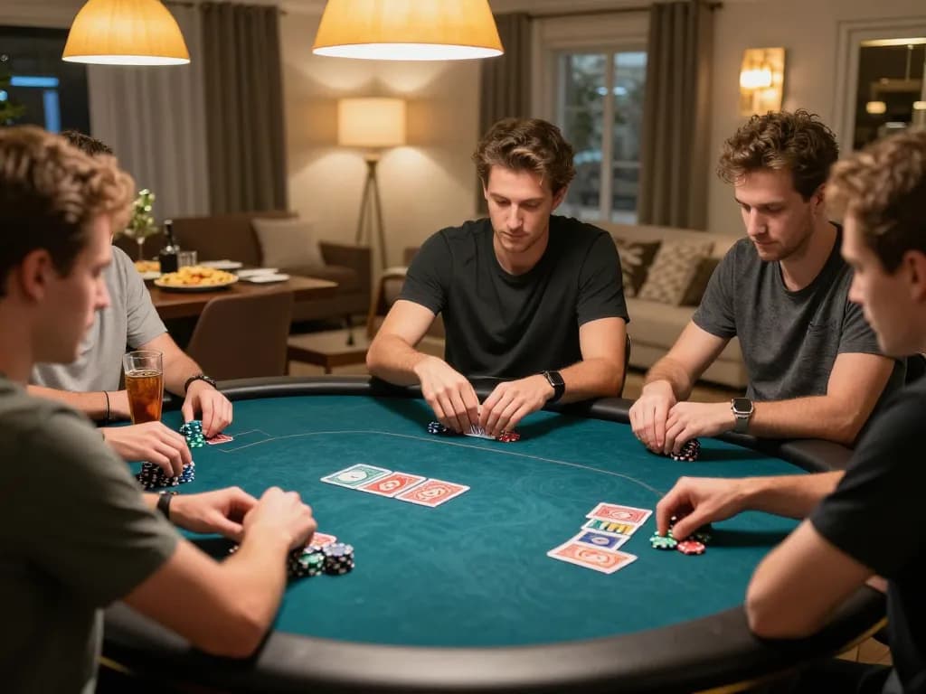 Exciting poker gameplay with intensity at a home setting during an SHBET .COM night, inviting atmosphere with players