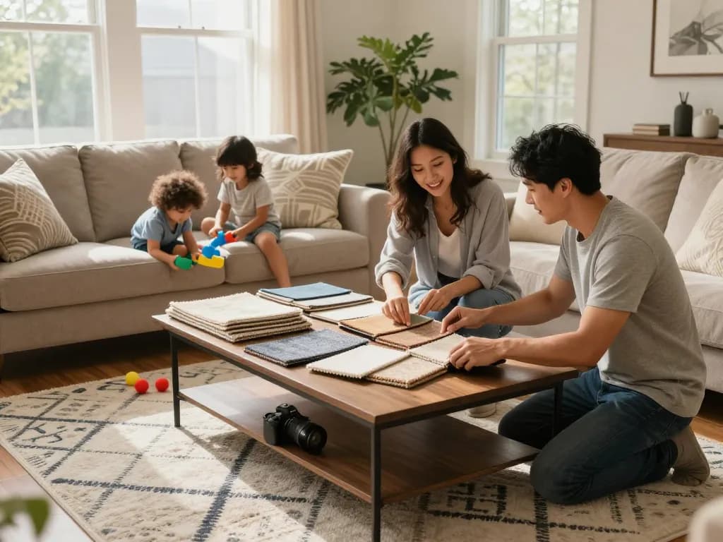 Residential carpet installation scene with family selecting carpets in warm living room.
