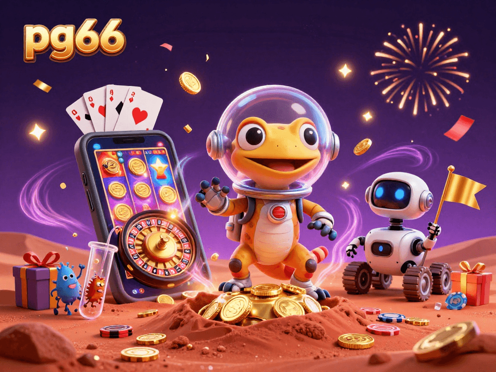 Play exciting slot games at pg66, featuring colorful reels, vibrant casino atmosphere, and winning moments.