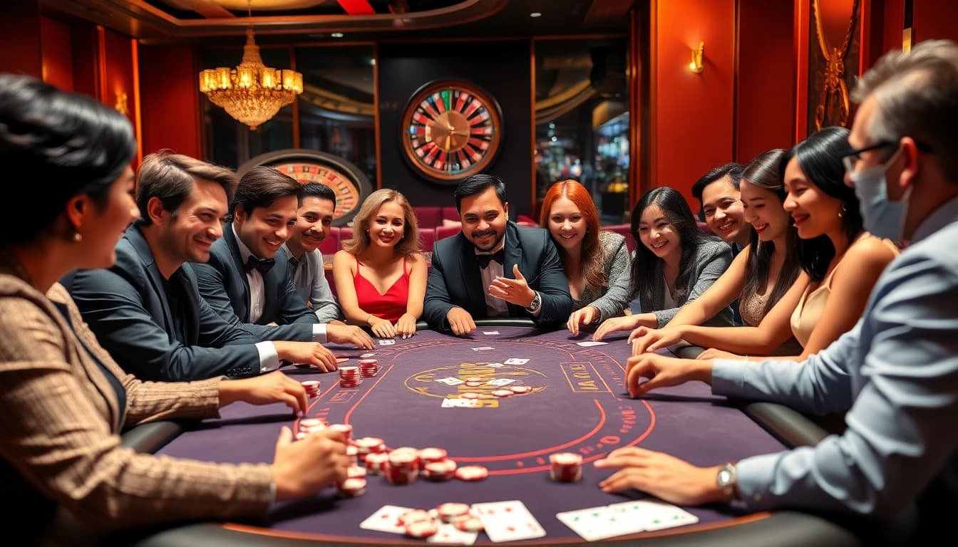Players experiencing the thrill of poker at an open88 casino table, showcasing vibrant chips and cards.