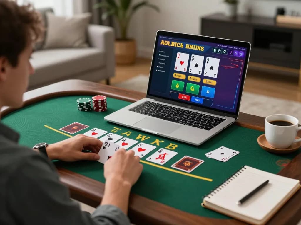 sc88 player engaged in an online blackjack game, cozy home setup with laptop and strategy notes.