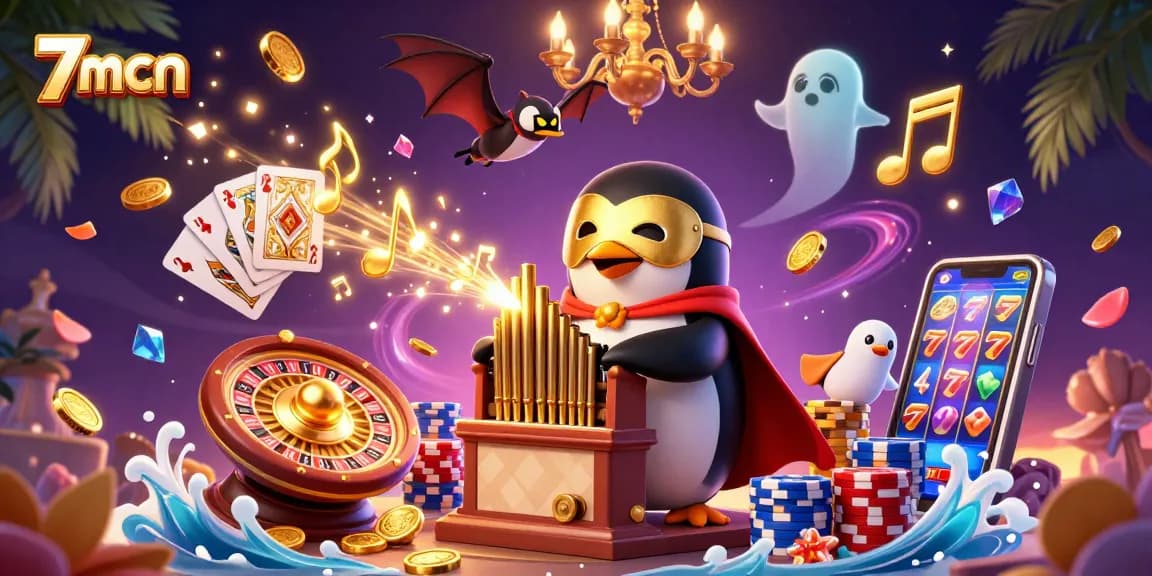 Experience thrilling gameplay with 7mcn as the phantom opera penguin fills the air with golden coins and excitement.