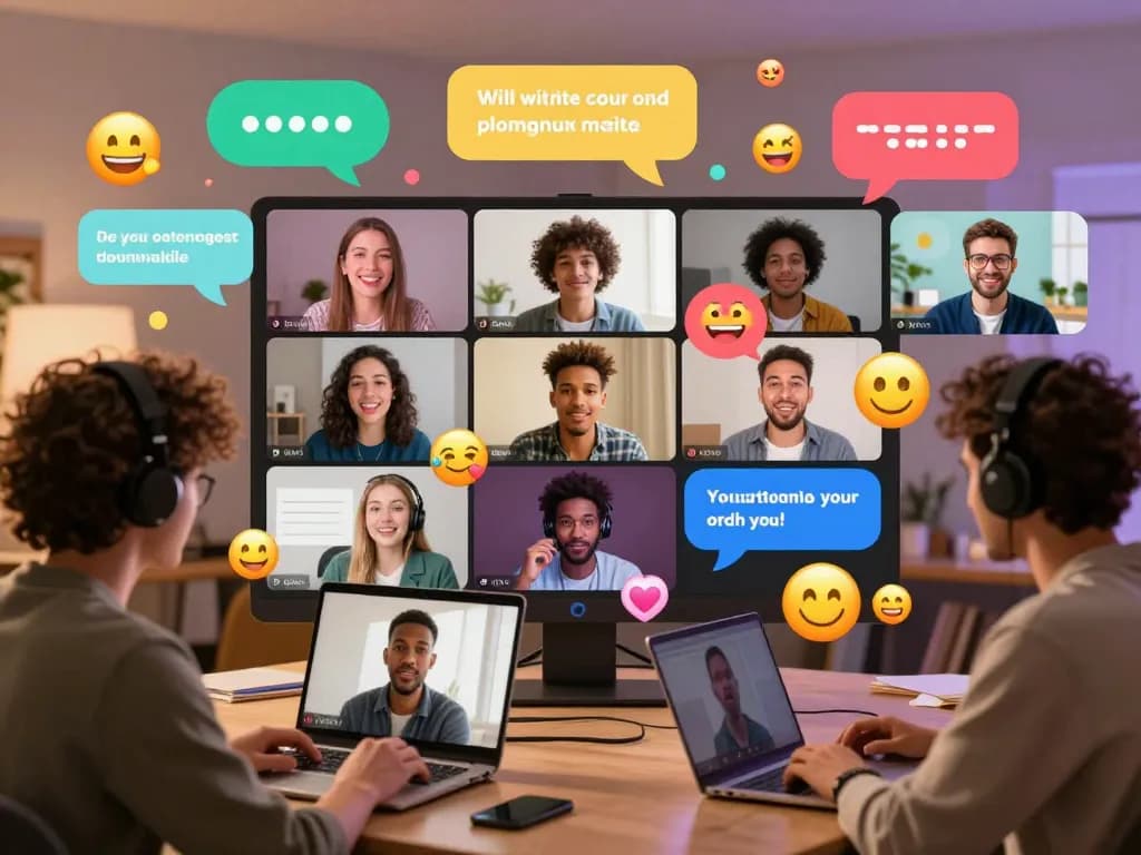 Engaging sexchat room scene with diverse avatars interacting in a lively online community.