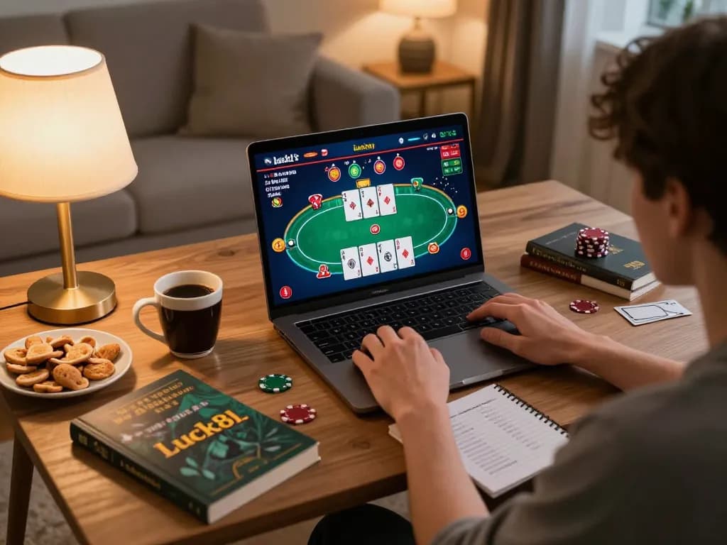 Engaged player enjoying luck8l poker game on a cozy sofa, showcasing modern online gaming lifestyle.
