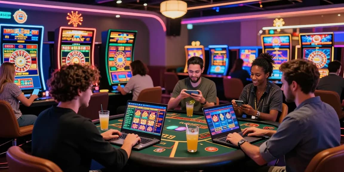 Players engaging with credit card online casinos in a lively virtual gaming environment filled with vibrant games and neon lights.