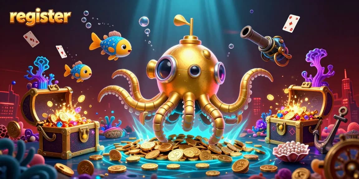 Register for epic online gaming adventures with this vibrant kraken submarine illustration.
