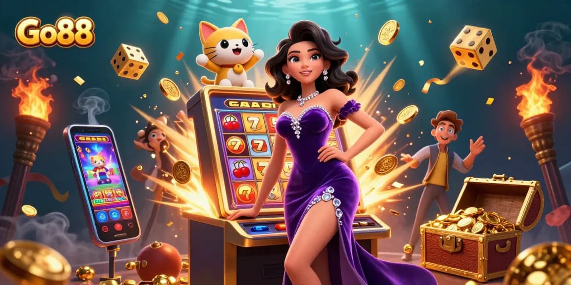 Engaging illustration showcasing Go88 with a glamorous woman at a jackpot slot machine overflowing with coins.