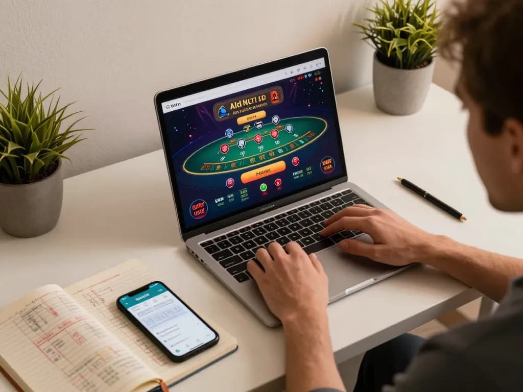 Player enjoying online casino gaming with hitclub app on laptop, surrounded by strategy notes.