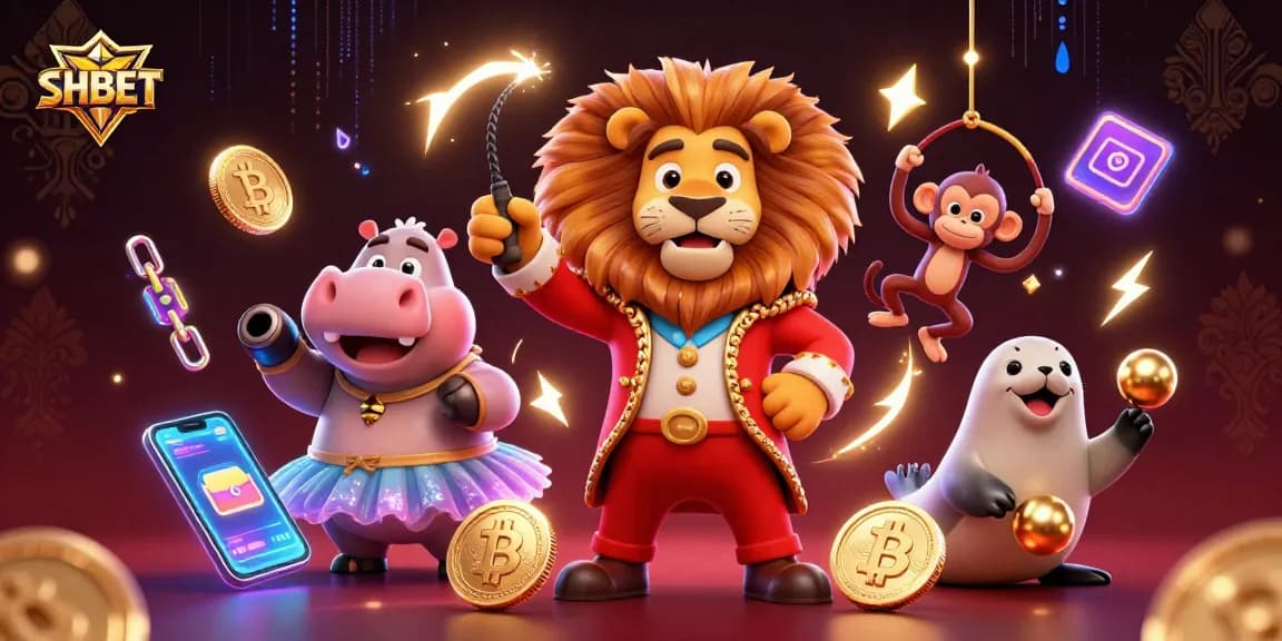 Experience the thrilling world of SHBET with vibrant casino characters and crypto elements.
