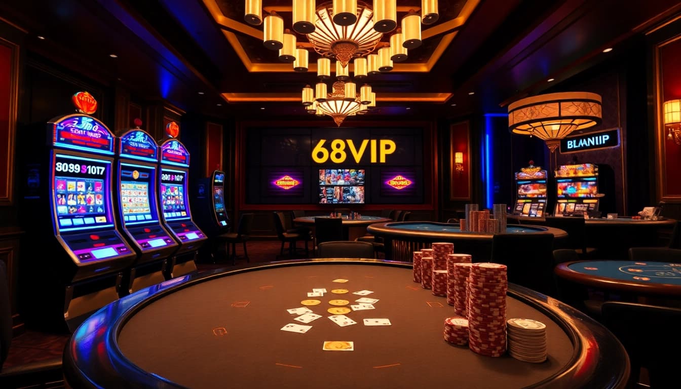 Exciting casino atmosphere showcasing players engaging with 68VIP poker tables and slot machines.
