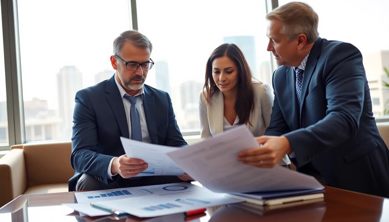 Engaged professional discussing Federal and State contracts and grants strategy in a modern office.