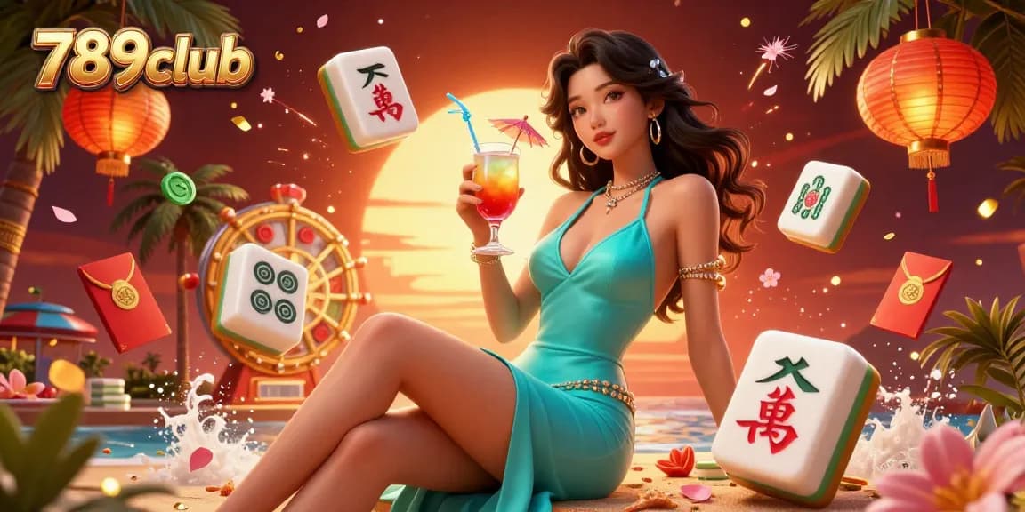 Engage in the thrill of 789club, featuring vibrant casino elements and a glamorous sunset backdrop.