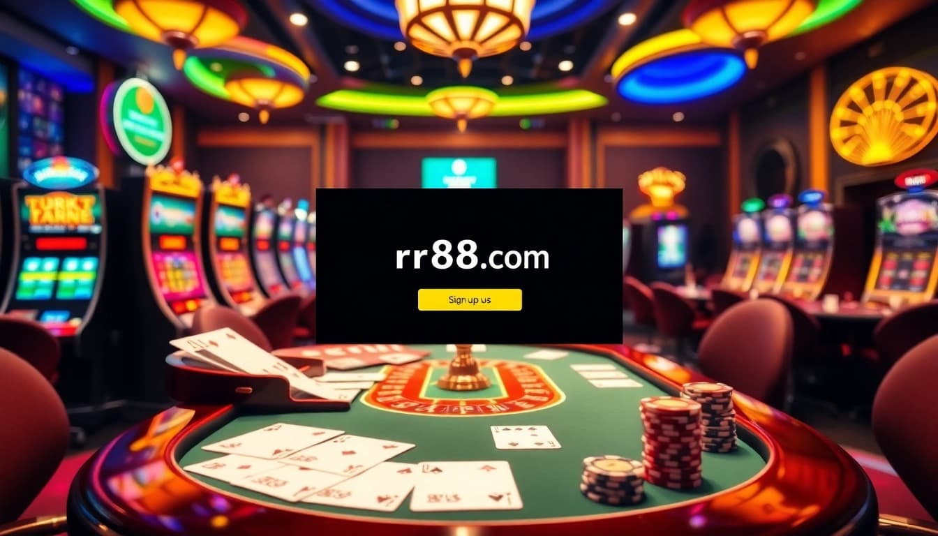 Play exciting games at rr88.com with poker chips and roulette tables under vibrant lights.