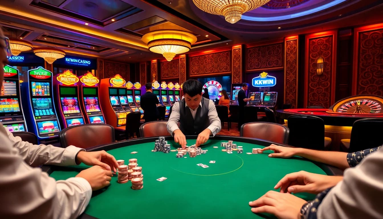 Players enjoying a game at KKWIN CASINO with vibrant poker chips and cards.