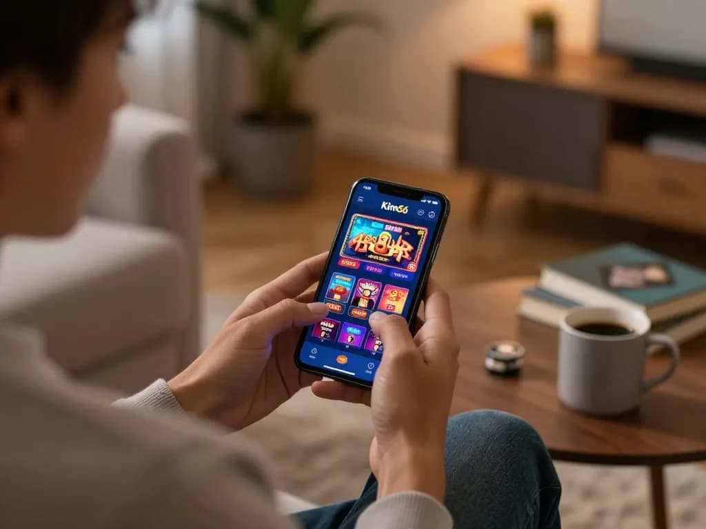 Player enjoying Kim66 casino app on smartphone while relaxing at home, showcasing modern online gambling experience