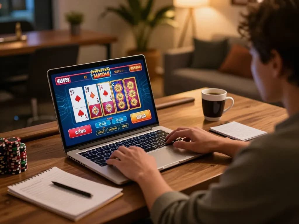 Engaged player enjoying online casino games with Nhà cái 555WIN interface on laptop, strategic atmosphere