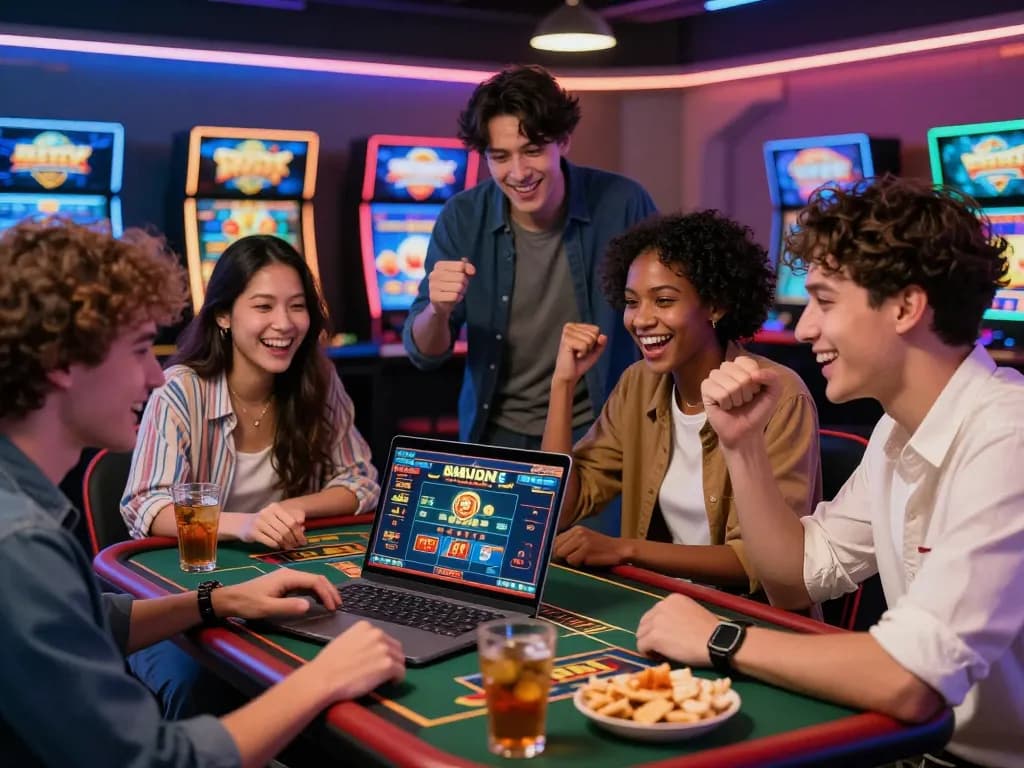 Gambling group enjoying a fun gaming session while tải hitclub on a laptop, showcasing excitement and friendship.