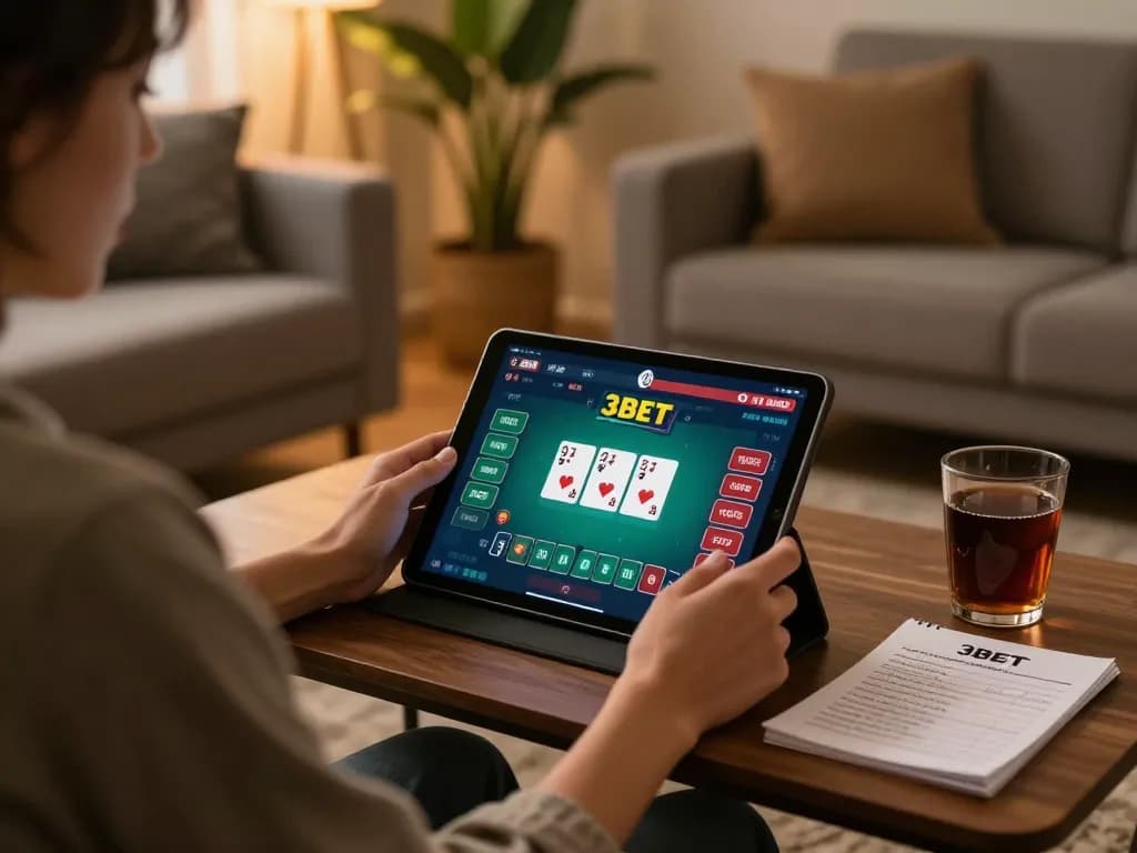 Engaged player enjoying 3Bet online gaming on a tablet in a cozy living room setup.
