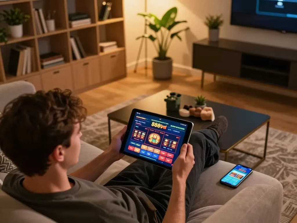 Engaging with 888vnd online casino on a tablet in a cozy home setting.