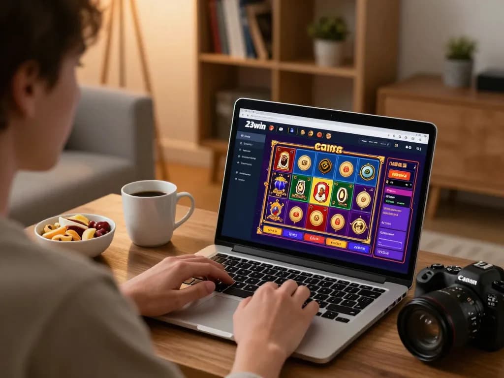 Player enjoying 23win casino games on a laptop at home, surrounded by snacks and books