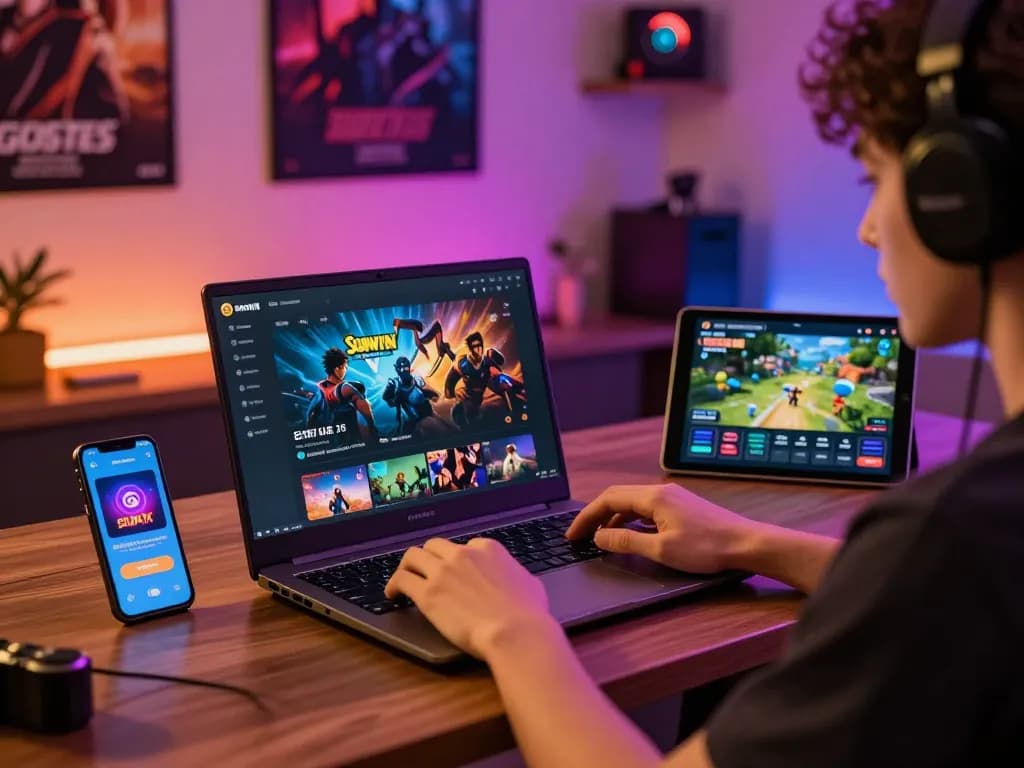 Exciting scene of a user playing Sunwin online with vibrant setup, showcasing tải sunwin for the ultimate gaming experience.