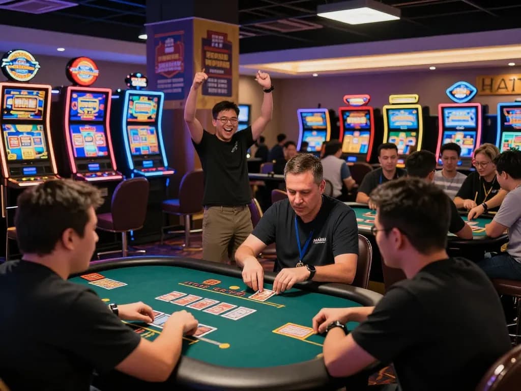 Exciting gaming atmosphere at Sunwin with players engaging in various games amid colorful decor and lively ambiance.