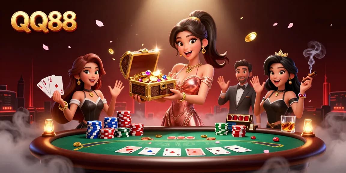 Experience QQ88 with a joyful Asian woman presenting treasures atop a poker table, surrounded by vibrant gaming elements.