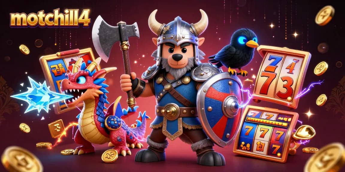 Engage with motchill4's themed casino excitement featuring a Viking warrior, dragon, and raven in a dynamic 3D illustration.