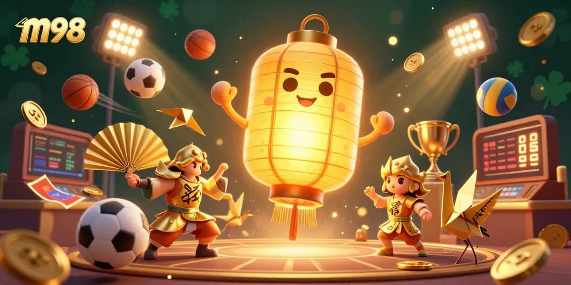 Experience the thrill of m98 with a vibrant casino scene featuring sports elements and golden symbols.
