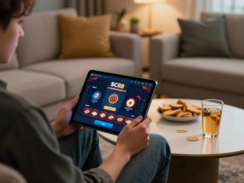 Engaging in đăng ký SC88 on a tablet while enjoying a cozy home atmosphere.