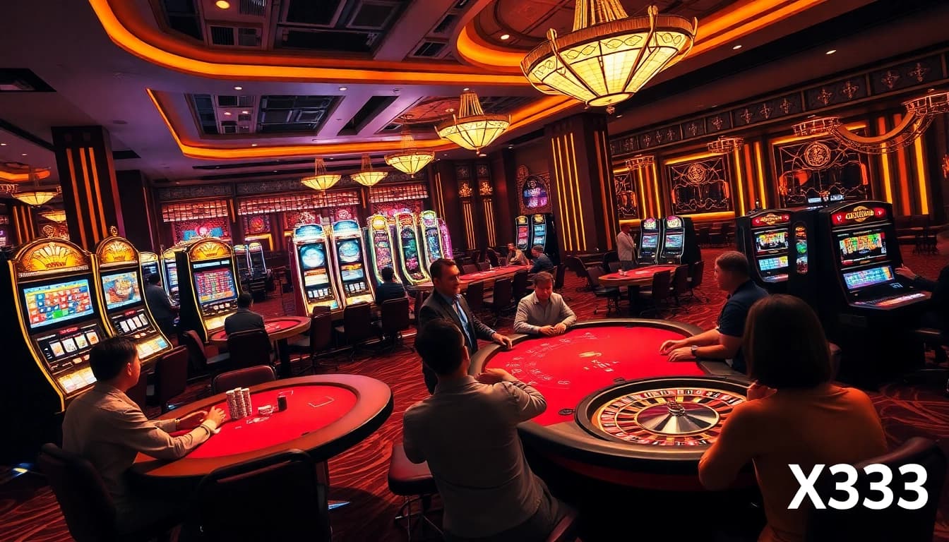 X333 players enjoying an exciting casino experience with vibrant poker tables and slot machines