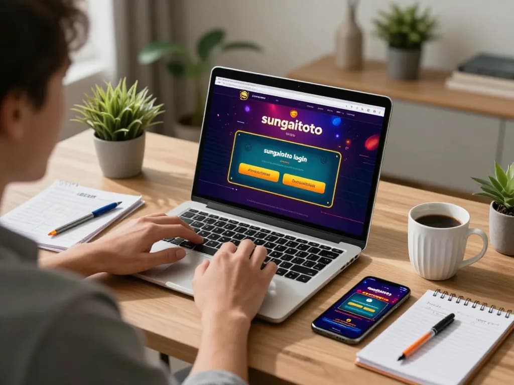 Engaging in the sungaitoto login process on a sleek laptop in a stylish home gaming setup, highlighting online casino excitement.