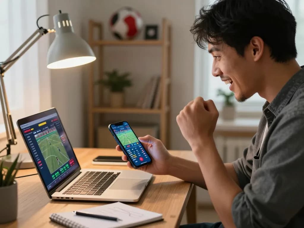 Ko66 user celebrating a betting win on smartphone during an exciting sports match