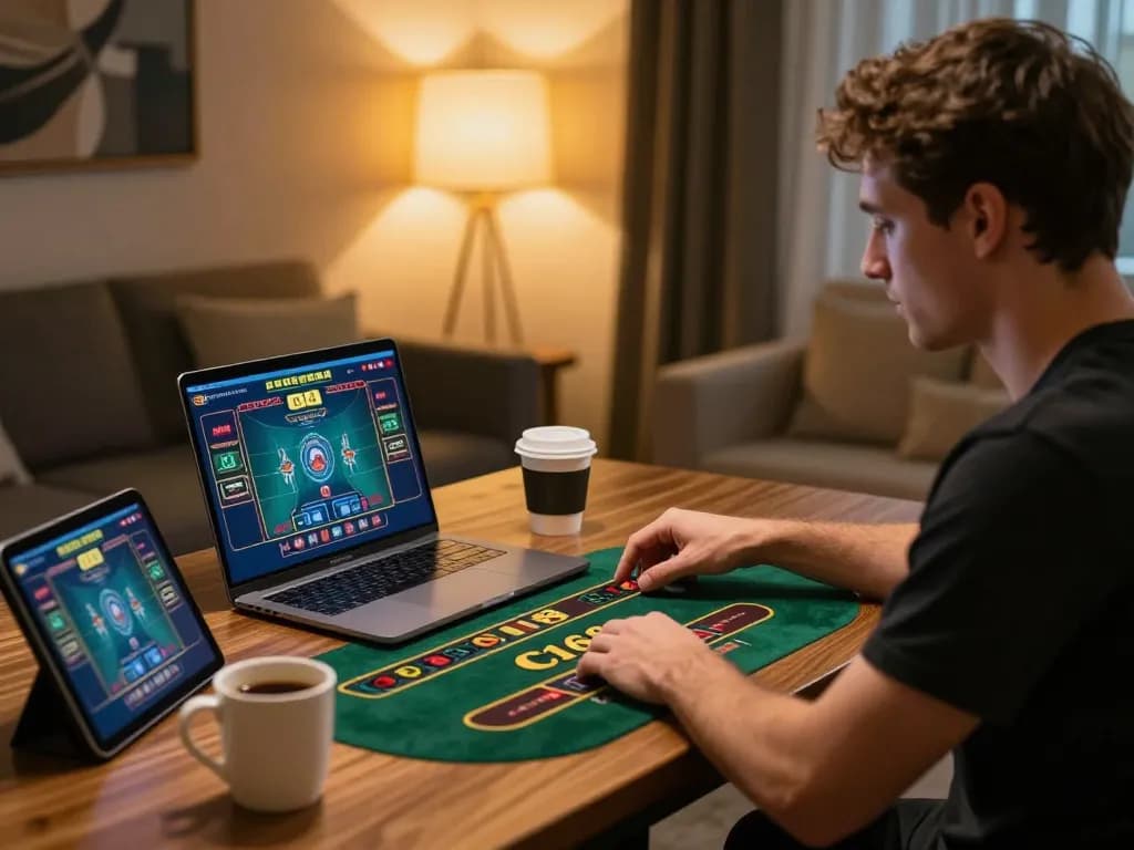 C168 online player engaging in live dealer game at cozy home setup, focused on strategy.