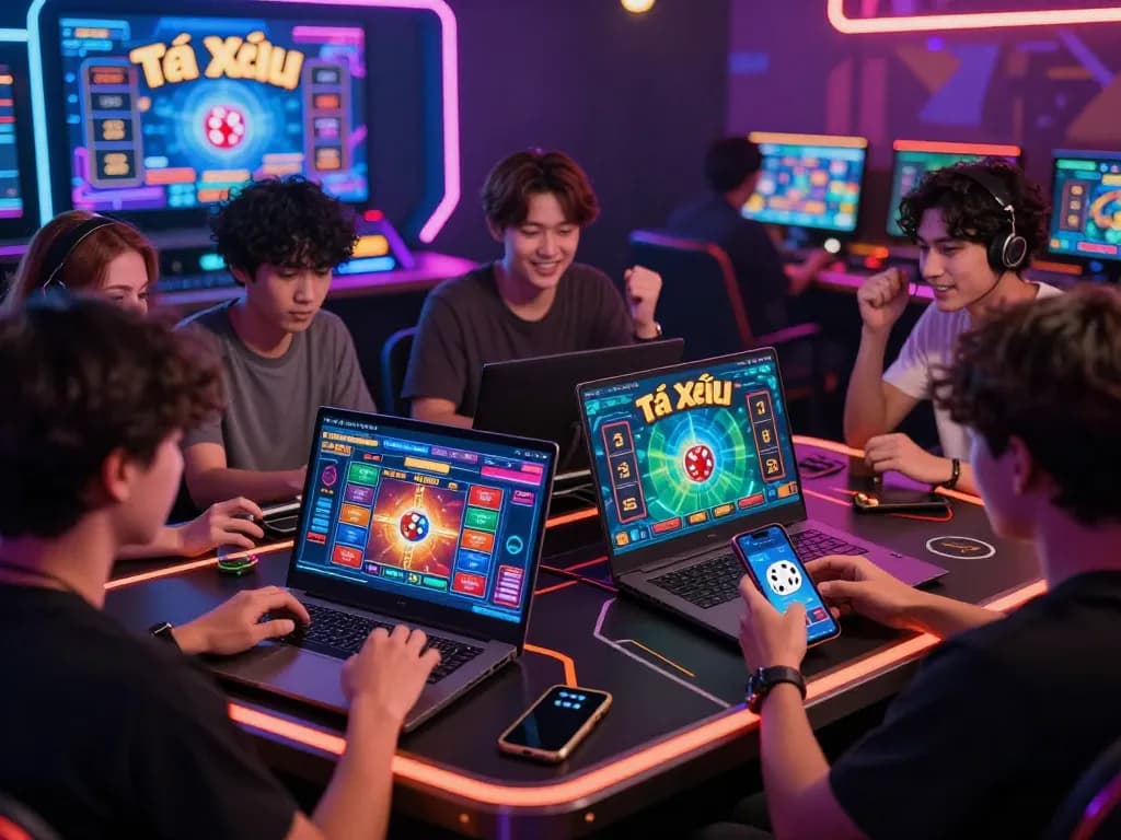 Players enjoying the thrill of tài xỉu online with vibrant screens and engaging visuals.