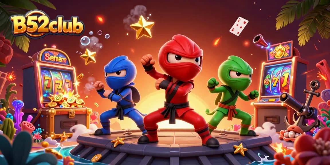 B52club showcases a vibrant scene of ninja chameleons engaging in thrilling gameplay with exciting slot elements.