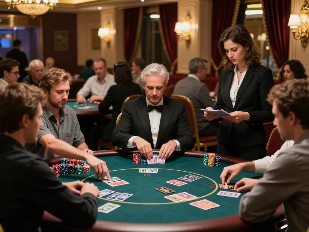 Players enjoying a competitive Texas Hold'em game at an upscale casino while searching for link cm88 mới nhất