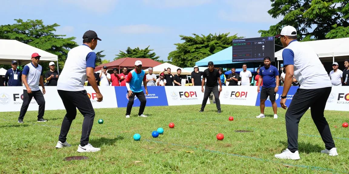 Community sports scene at fopikotabalikpap.org petanque tournament, diverse players engaged in intense competition.