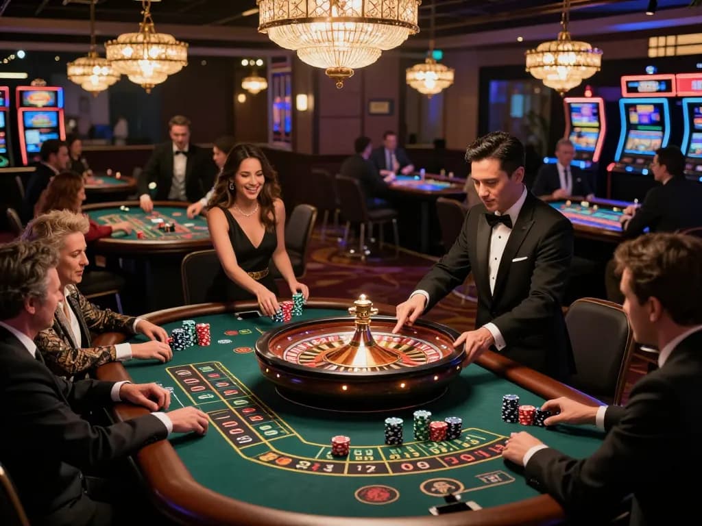 Players engaging in thrilling roulette gameplay at 13win casino, showcasing vibrant chips and a spinning wheel.
