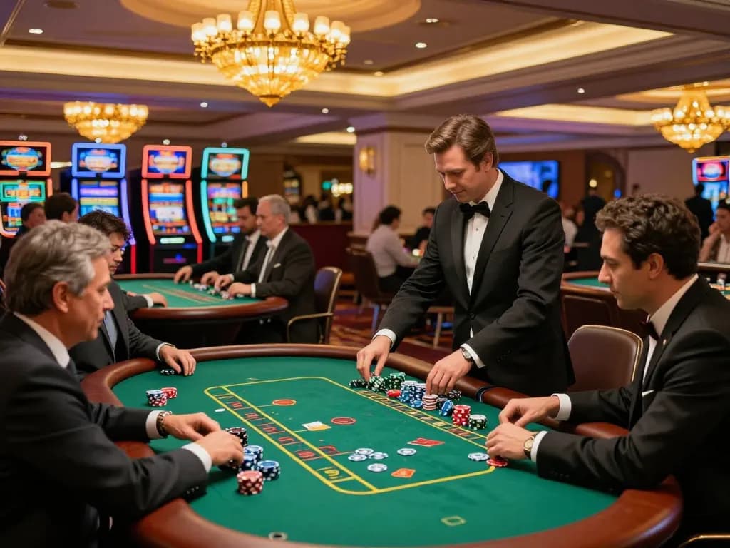 KP88 blackjack players placing bets at tables in a vibrant casino atmosphere.
